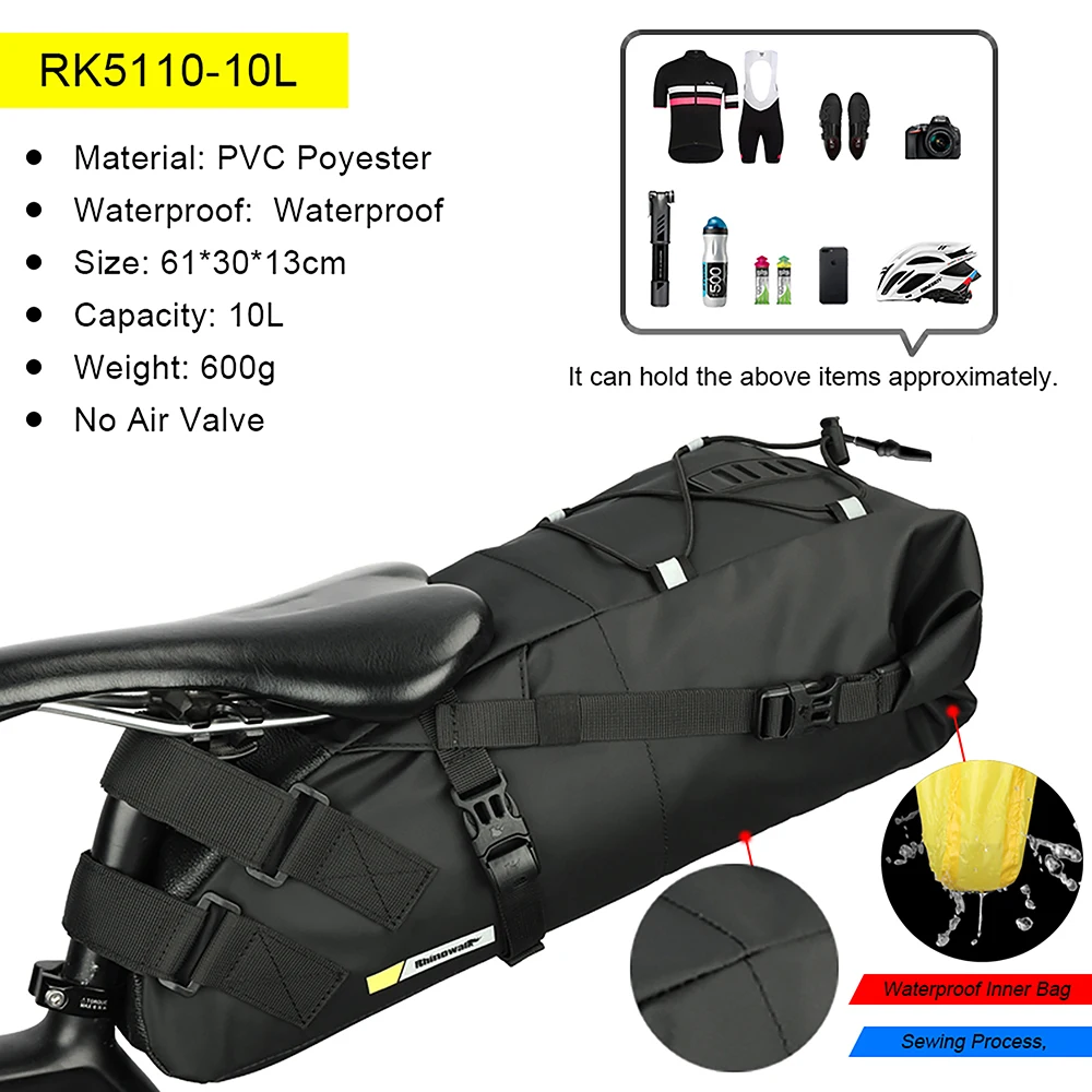 Rhinowalk Waterproof Bike Saddle Bag – 10L/13L Foldable Rear Tail Pack - packaging