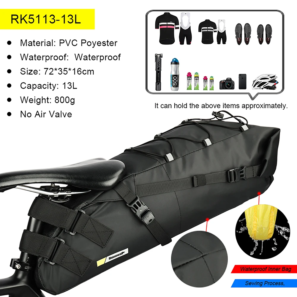 Rhinowalk Waterproof Bike Saddle Bag – 10L/13L Foldable Rear Tail Pack - detail view