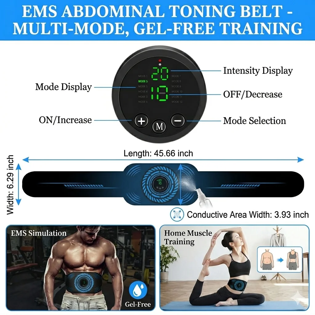 EMS Abdominal Toning Belt – Wireless Abs Muscle Stimulator, Gel-Free