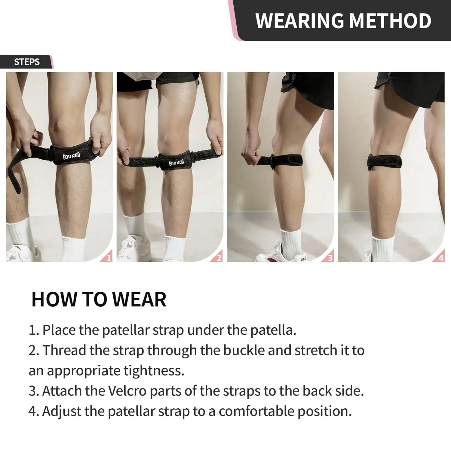 2PC 1Pair GOUNOD Patella Knee Straps Adjustable Running Sports for Pain - size and dimensions