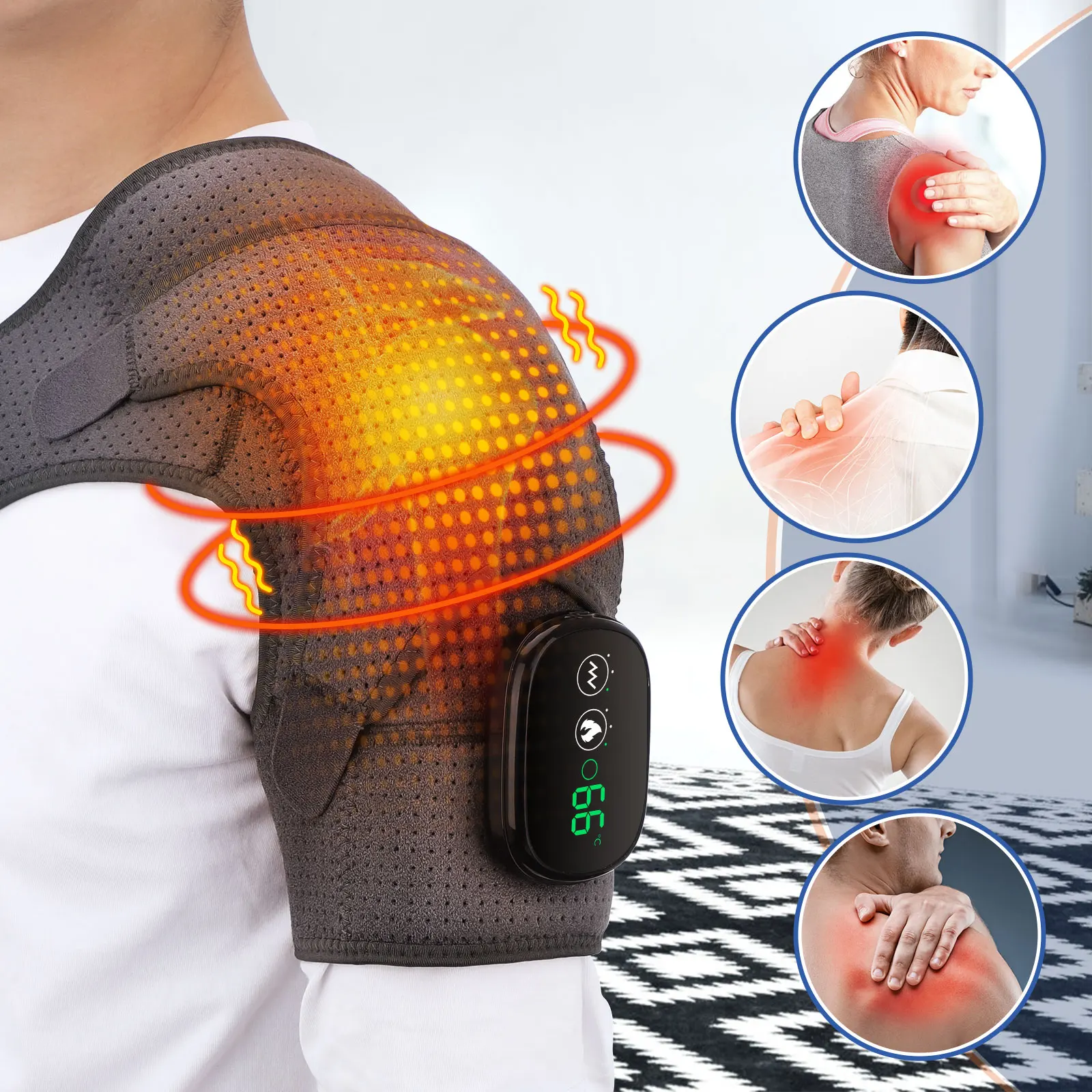 Electric Shoulder Massager with Heat – Vibration Heated Shoulder Wrap - in use