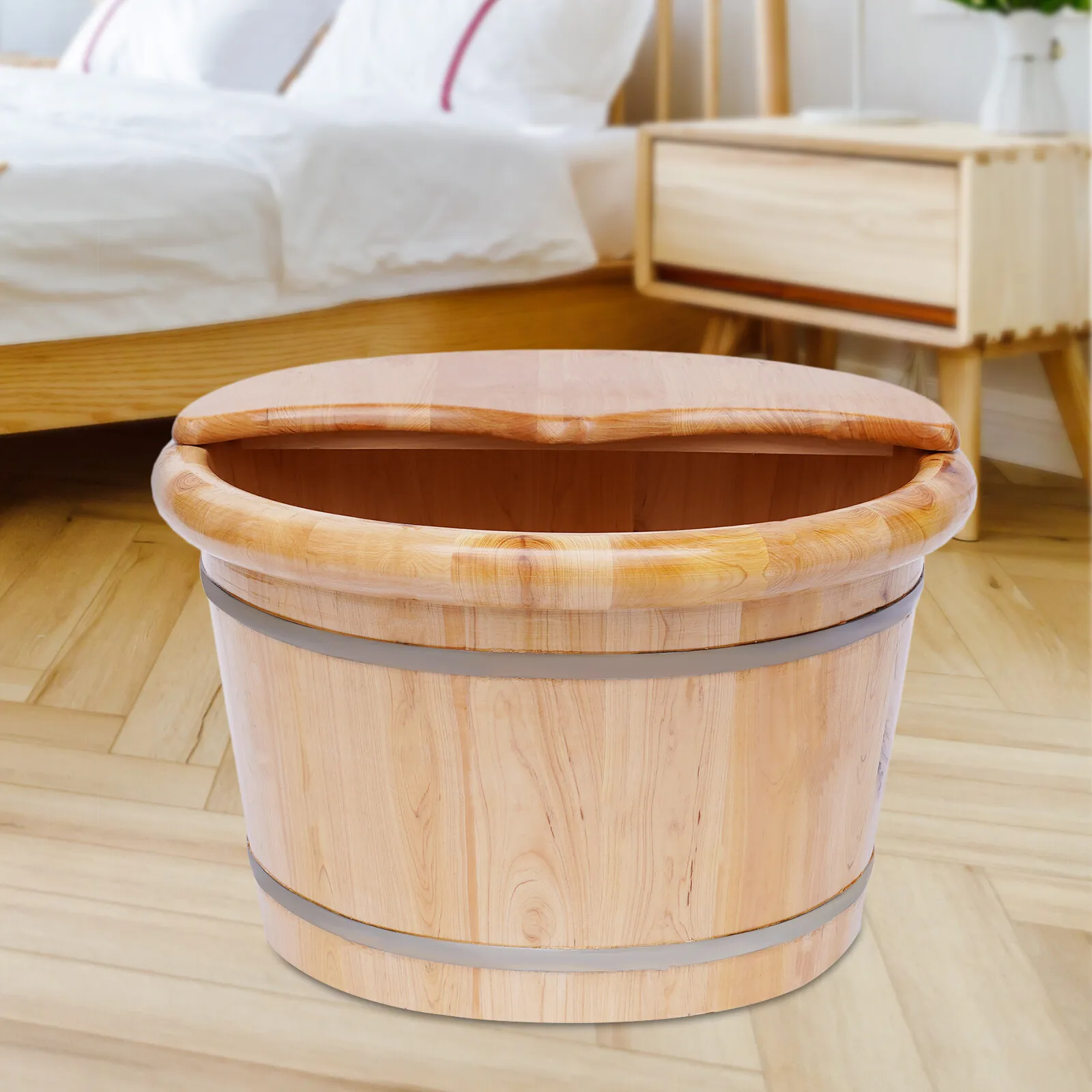 Cedar Wood Foot Bath Tub – Insulated Foot Soak Bucket with Lid & Massage Roller - close-up detail