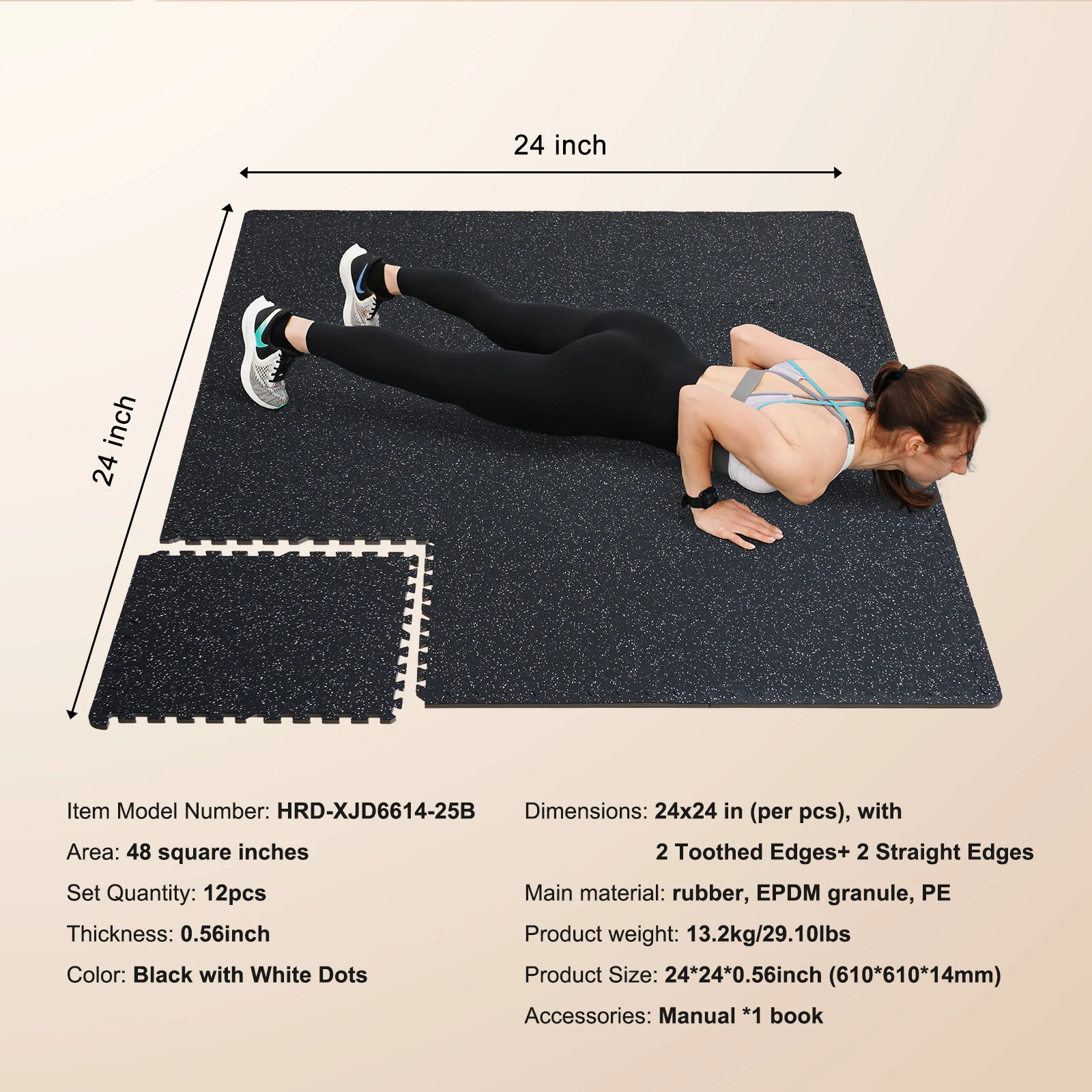 Rubber Top Interlocking Gym Floor Tiles – 25 Puzzle Mats, 0.56in EVA Foam Base - detail view