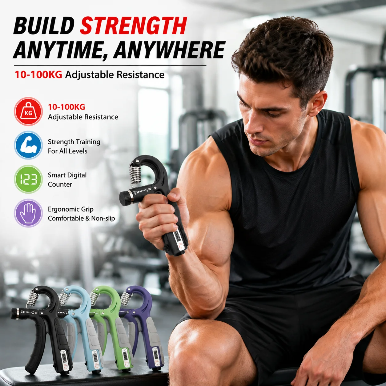 Adjustable Hand Grip Strengthener 10–100kg with Digital Counter – Forearm Trainer - close-up detail
