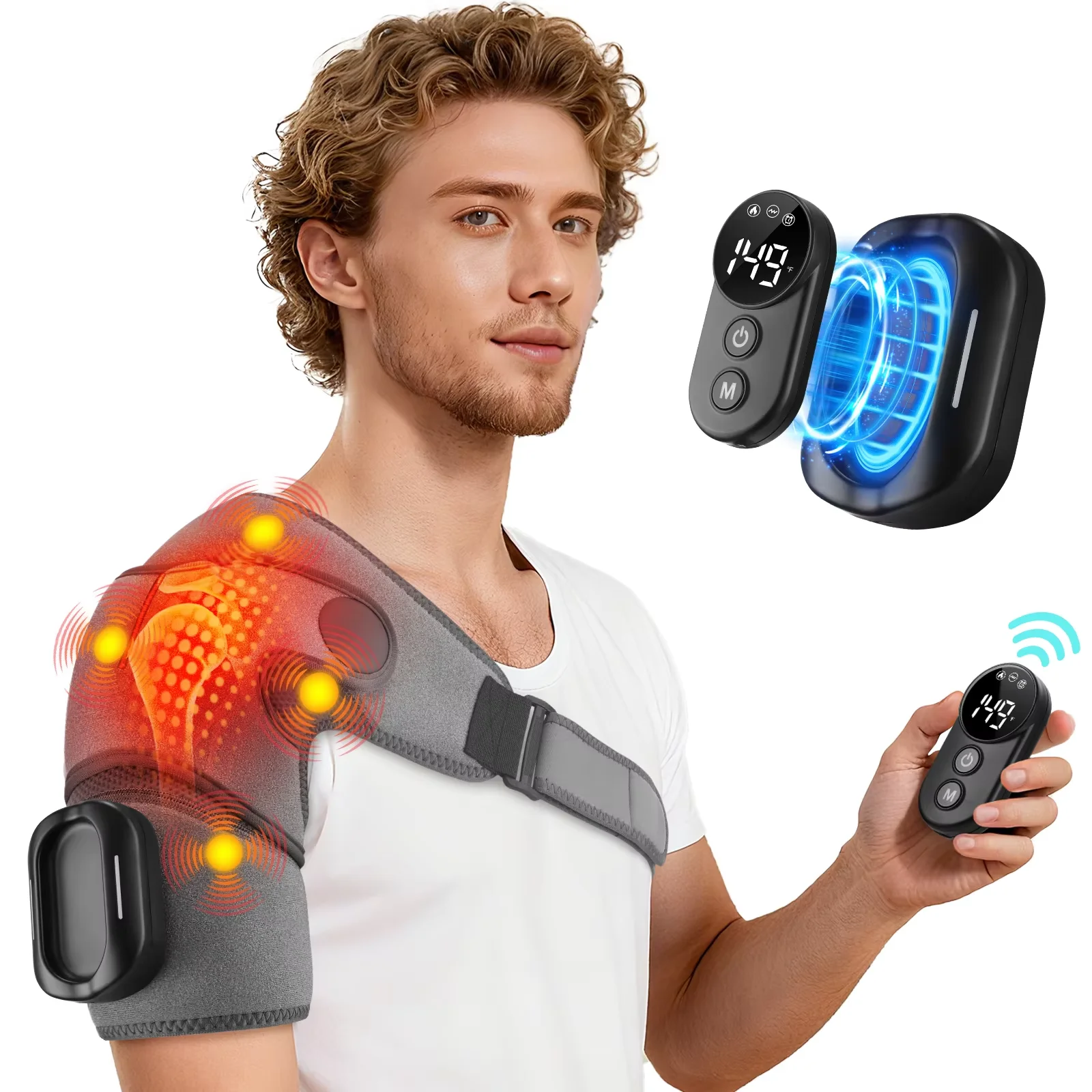 Heated Shoulder Brace with Vibration Massage – Adjustable Support Wrap - detail view