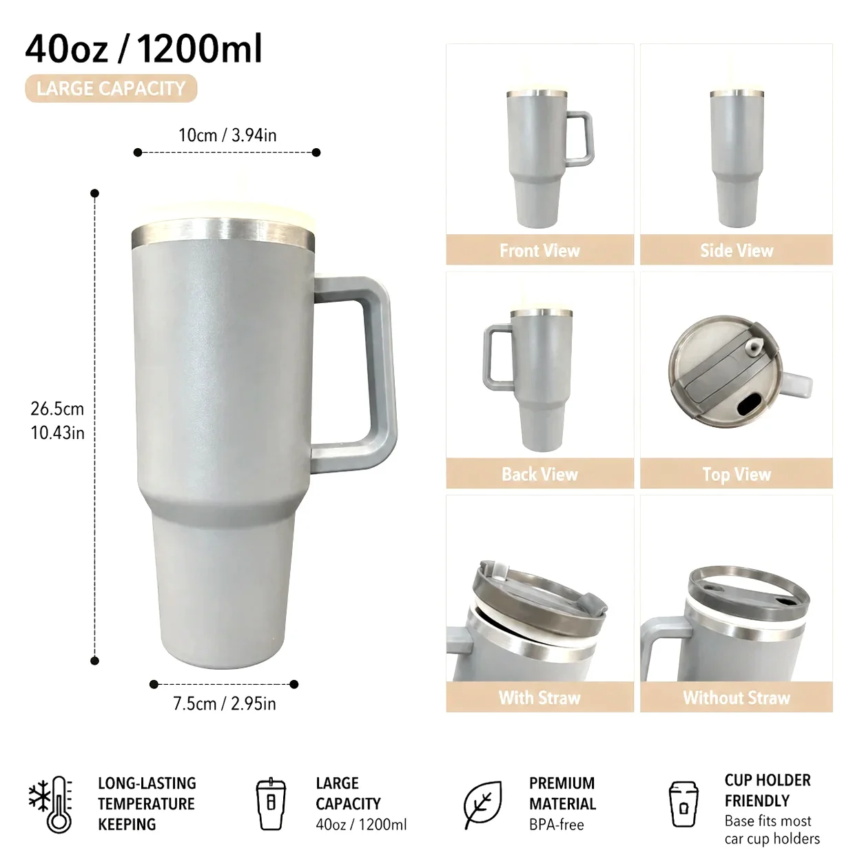 40oz Insulated Tumbler with Handle & Straw – 1200ml Double-Wall Travel Mug - size and dimensions