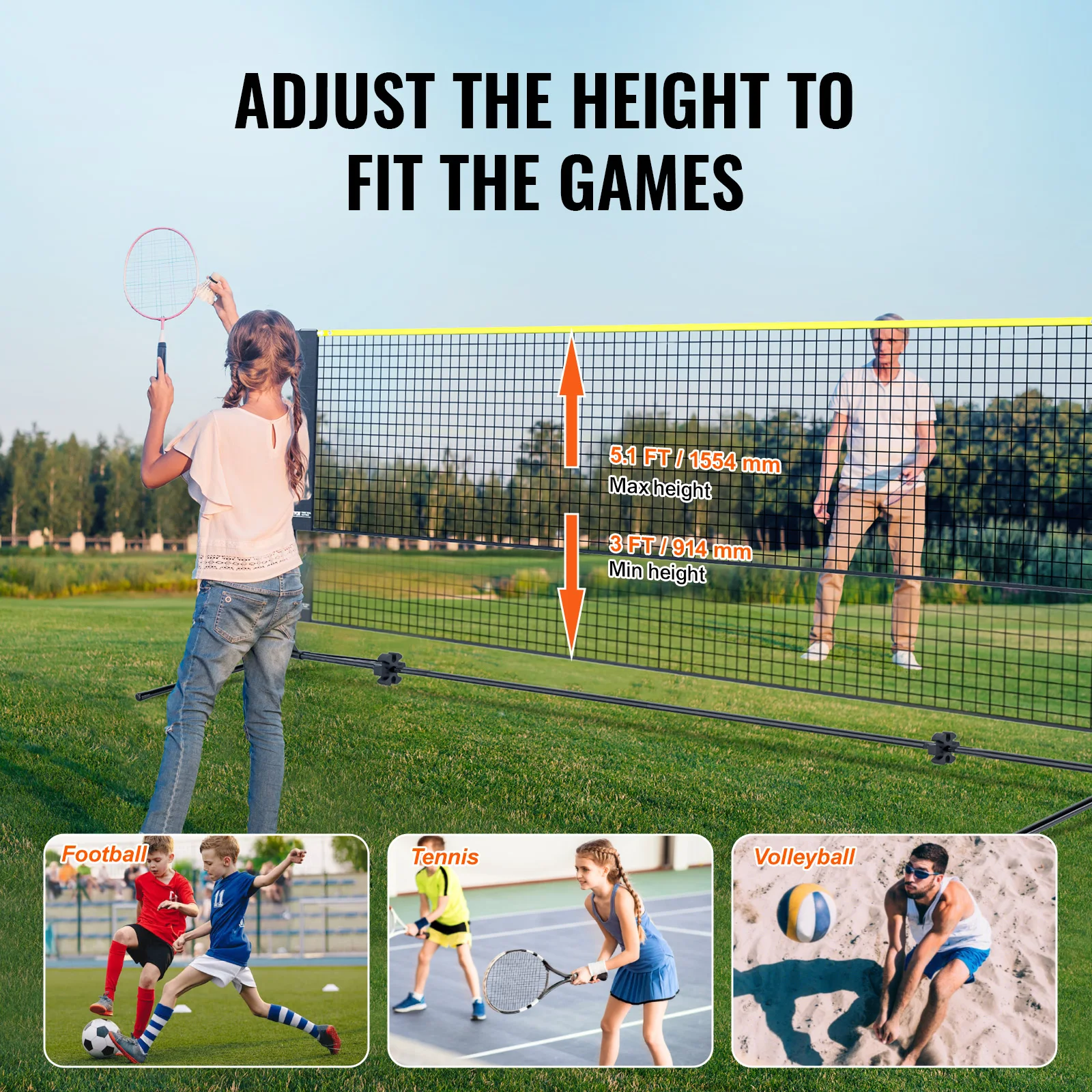 20ft Portable Net Set - Height-Adjustable Badminton, Volleyball & Pickleball - size and dimensions