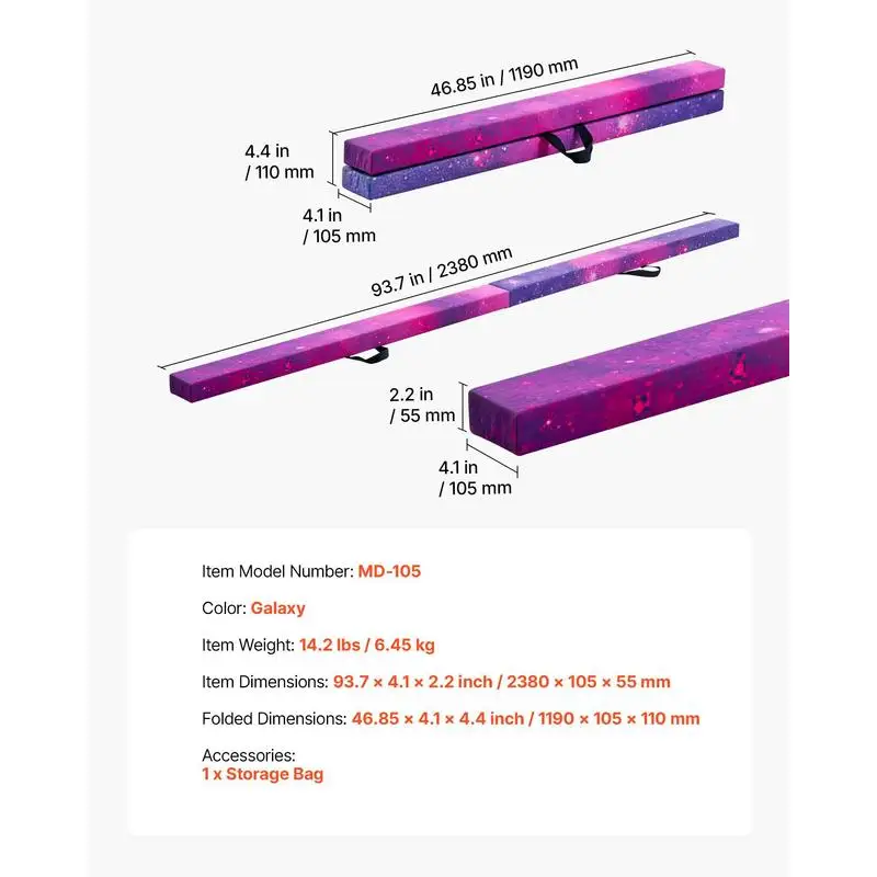 Children's Folding Balance Beam – 2.38m Gymnastics Training Beam - close-up detail