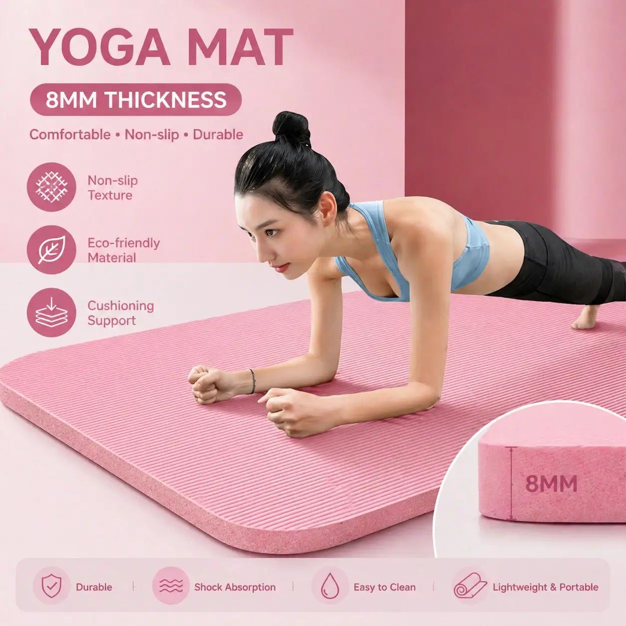 Pink Yoga Mat 185x61cm – Non-Slip Thickened Exercise Mat