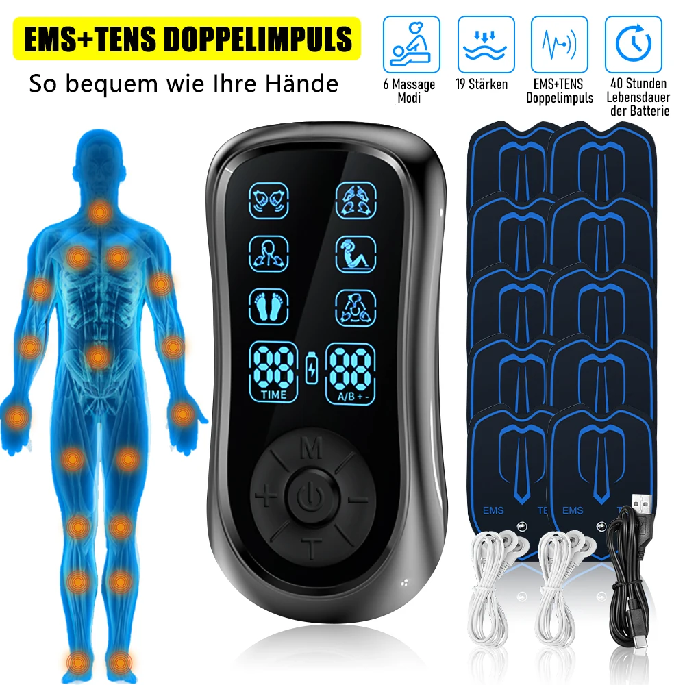 Dual Channel TENS & EMS Unit – 6 Modes, 19 Levels, 10 Electrode Pads
