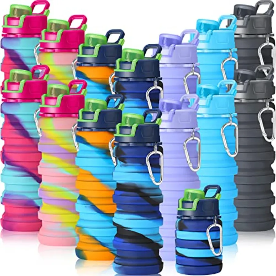 Collapsible Silicone Water Bottles 17 oz – 14 Pack, Leak-Proof with Clips