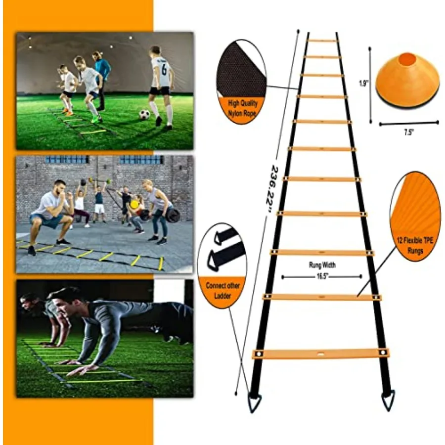 Agility Ladder Set – 20ft Ladder, 4 Hurdles, 12 Cones, Jump Rope & Running Parachute - in use