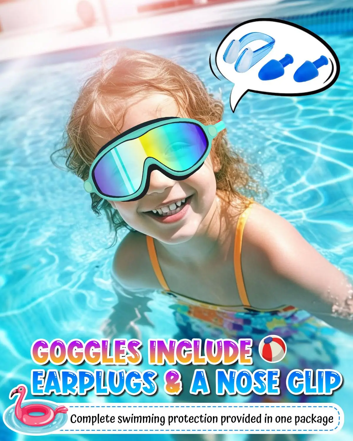 Kid Swim Goggles 2 Pack Anti-Fog Anti-UV Wide View Includes earplugs - close-up detail