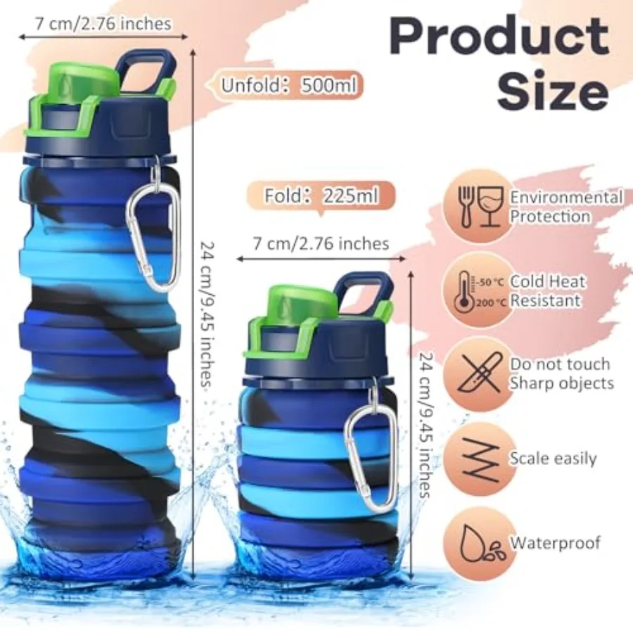 Collapsible Silicone Water Bottles 17 oz – 14 Pack, Leak-Proof with Clips - close-up detail