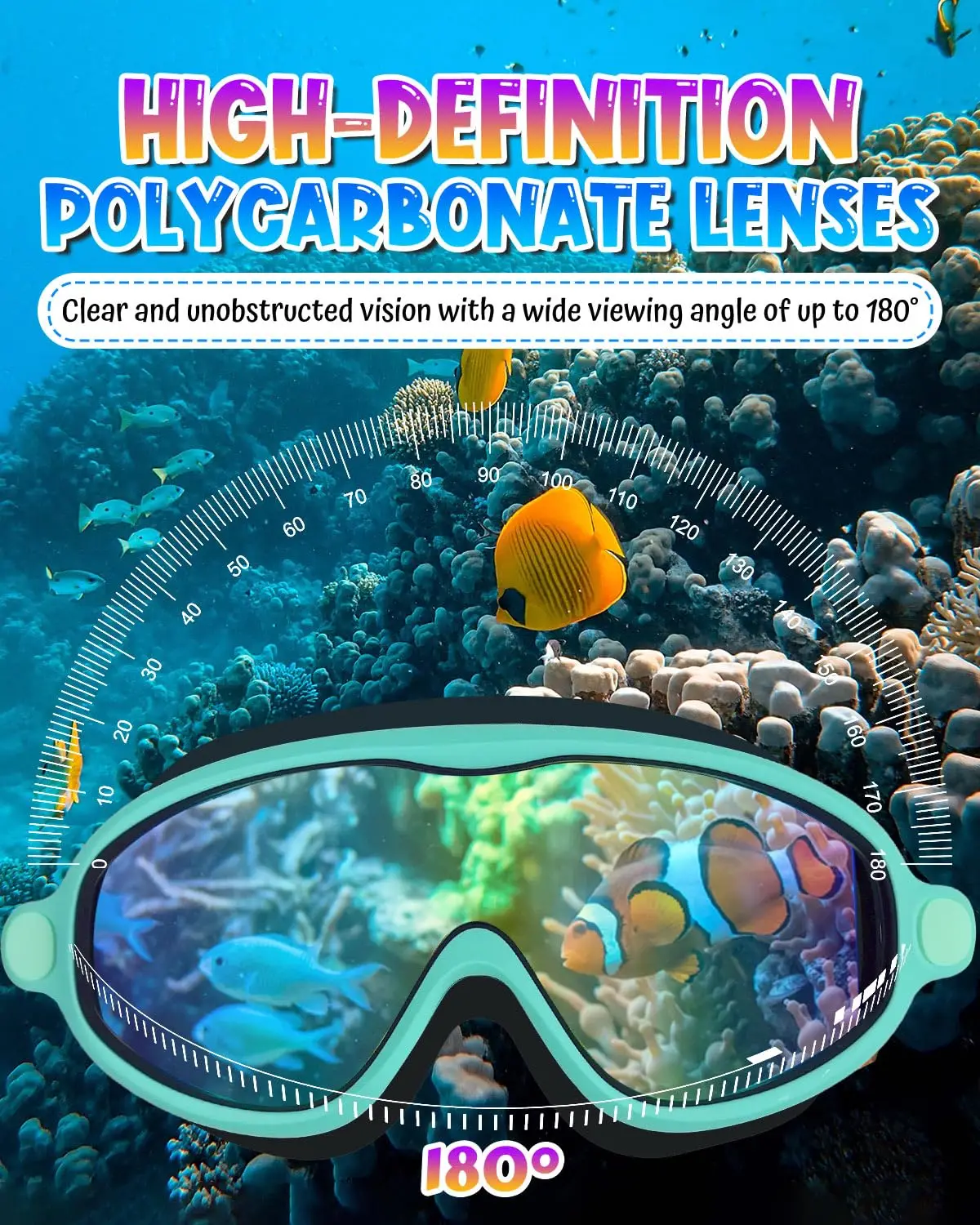 Kid Swim Goggles 2 Pack Anti-Fog Anti-UV Wide View Includes earplugs - size and dimensions