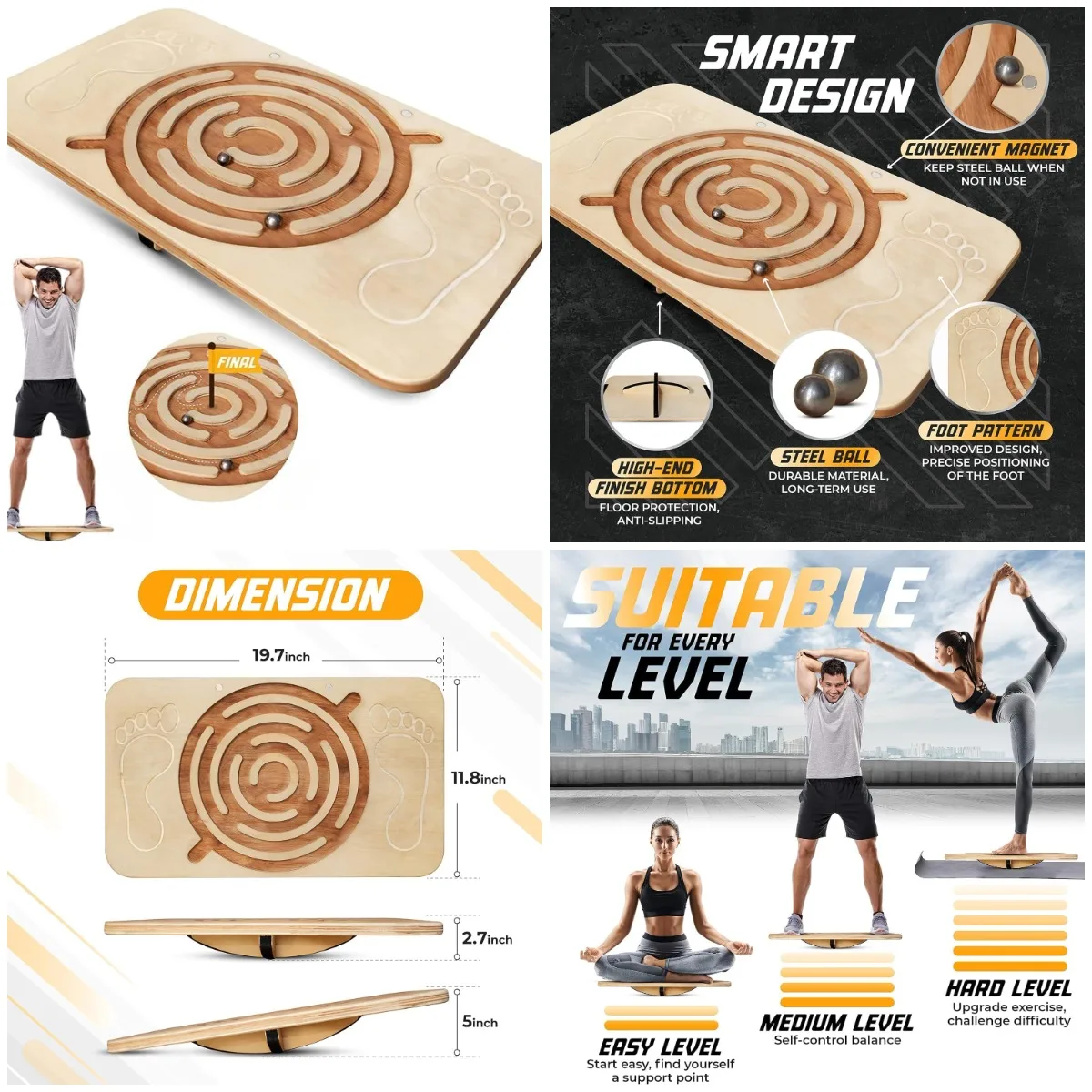 Wooden Balance Board – 350lb Anti-Slip Wobble Board