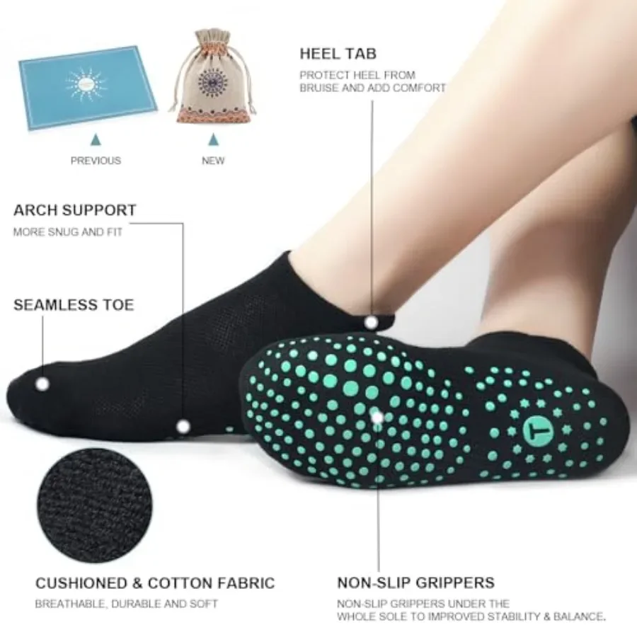 Grip Socks for Pilates & Yoga - Non-Slip Cushioned Ankle Socks, 4 Pairs - size and dimensions
