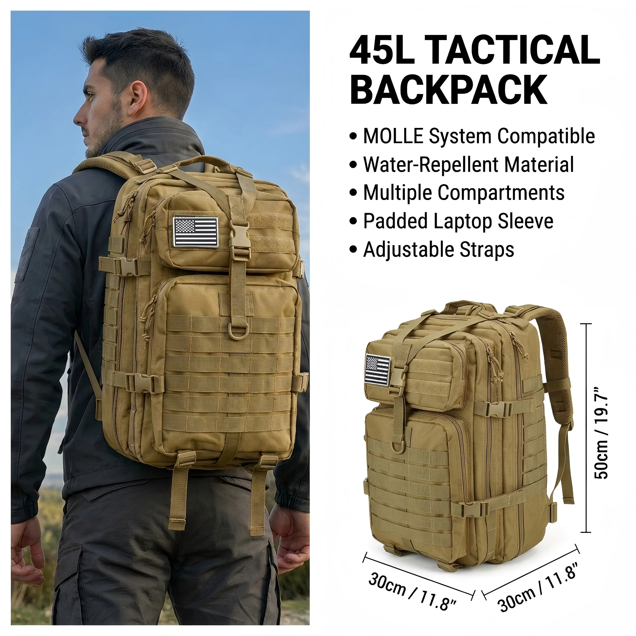 45L Tactical Gym Backpack – MOLLE Water-Resistant Training & Travel Rucksack - detail view