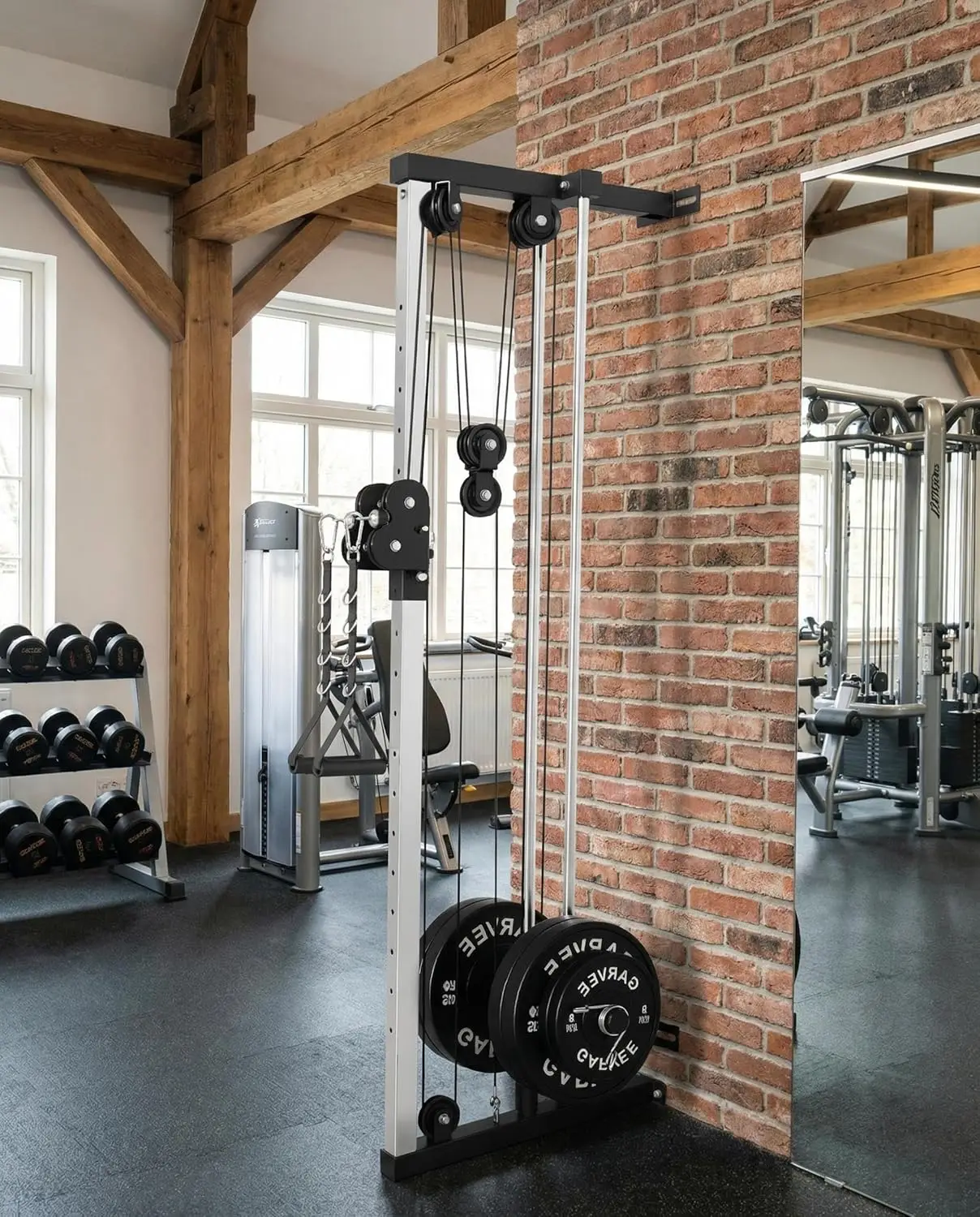 Wall Mount Cable Station – Dual Pulley Crossover with Lat Bar & Foot Board - close-up detail