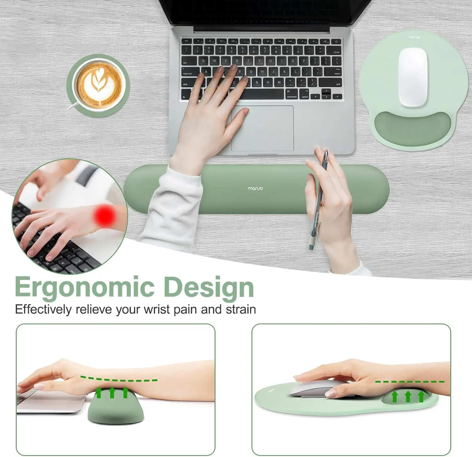 Ergonomic Mouse Pad & Keyboard Wrist Rest Set – Curved Non-Slip, Antique Green - in use