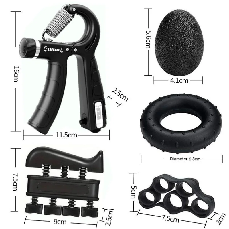 Hand Grip Strengthener Set – 5pc Forearm & Finger Trainer Kit - size and dimensions