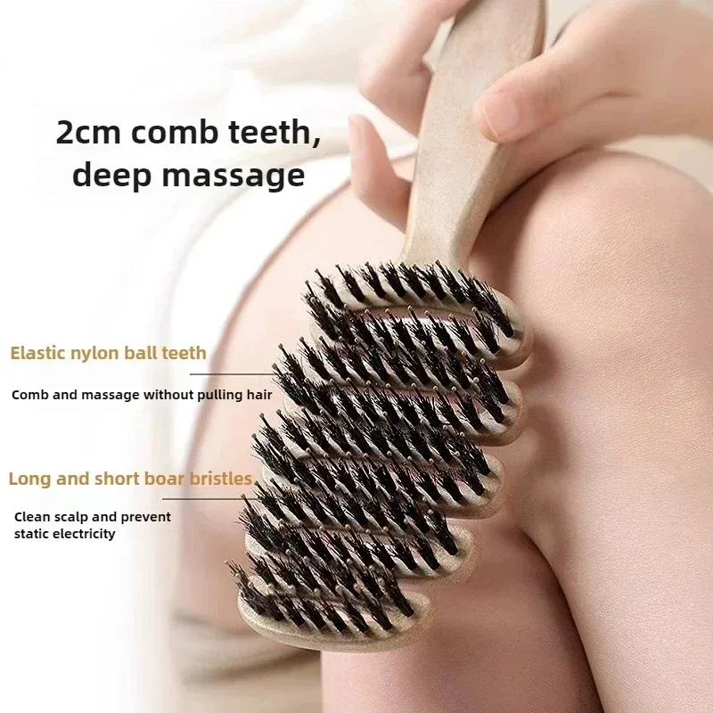 Boar Bristle Hair Comb Hollow Detangling Brush Women Scalp Massage Curly - in use