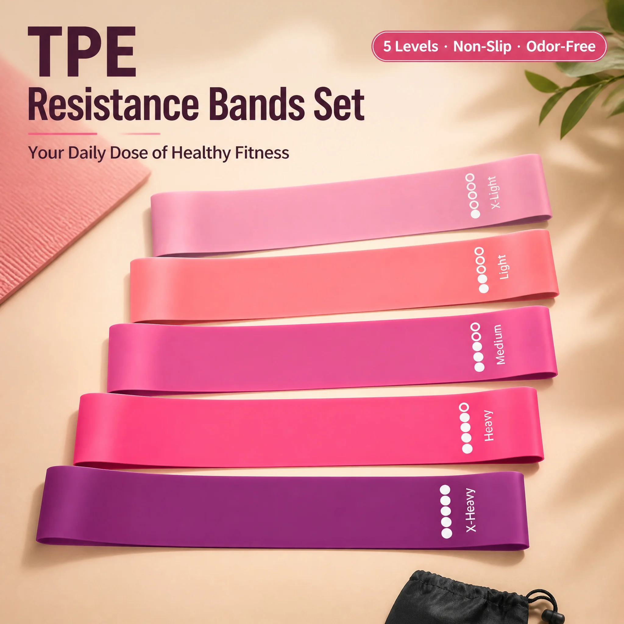 TPE Resistance Bands Set – 5 Resistance Levels, Non-Slip Glute & Leg Bands