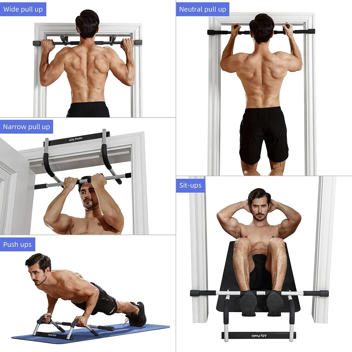 Multi-Grip Doorway Pull-Up Bar – 440 lb Capacity, Heavy Duty Steel - color options