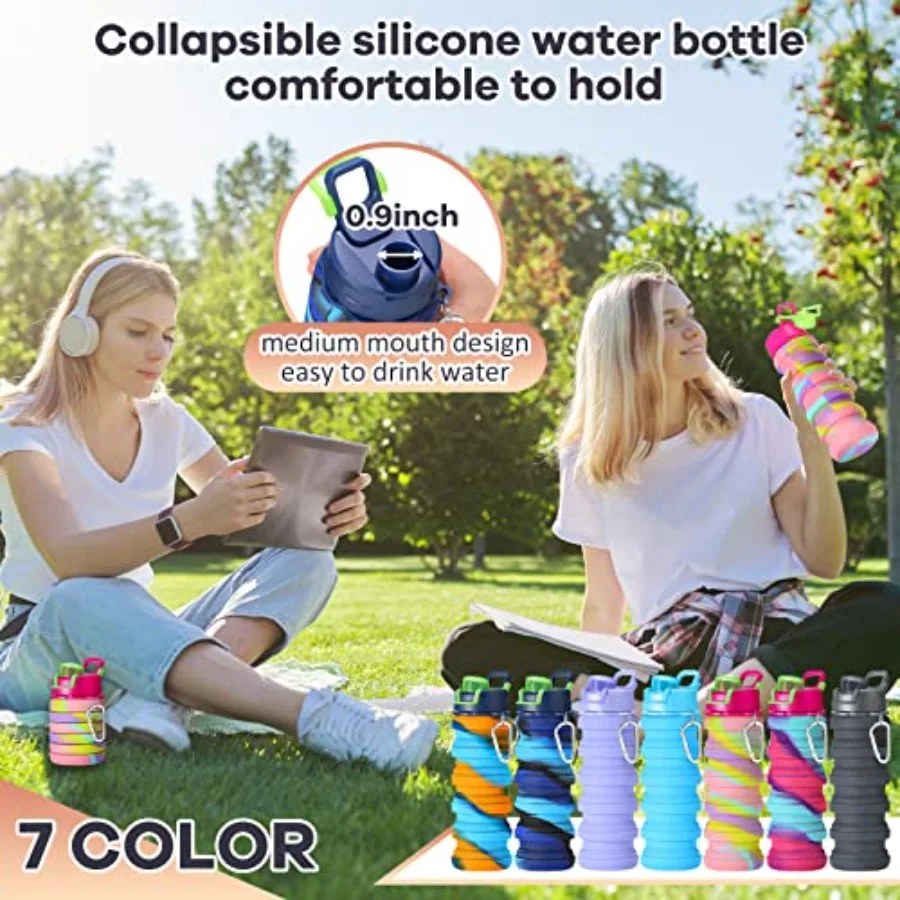 Collapsible Silicone Water Bottles 17 oz – 14 Pack, Leak-Proof with Clips - size and dimensions