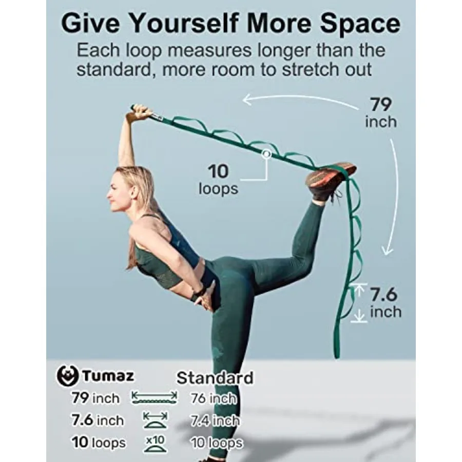 Non-Elastic Stretching Strap – 10-Loop Yoga Flexibility Strap - size and dimensions