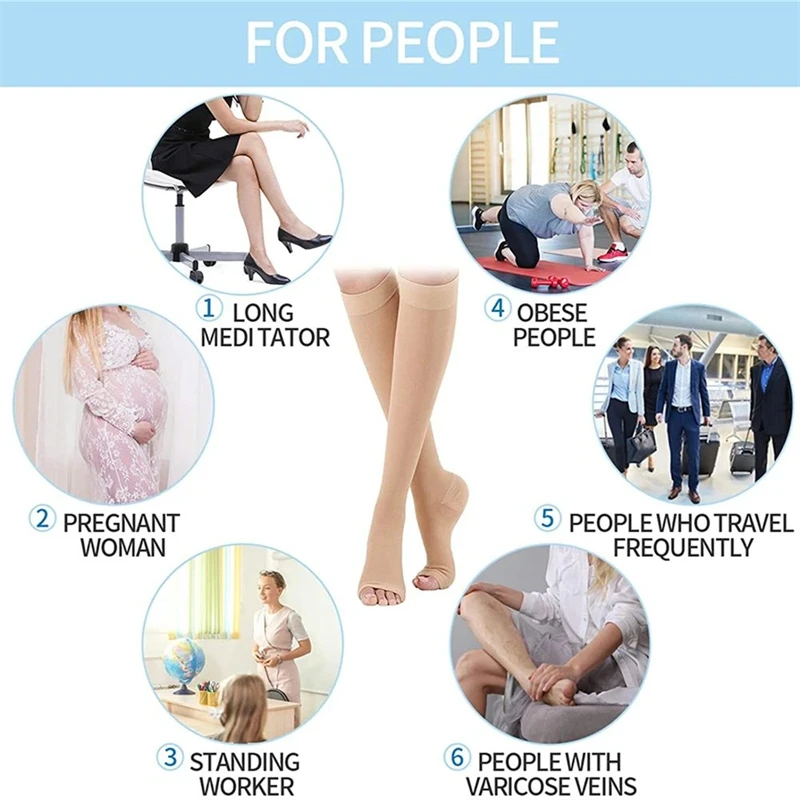 Toeless Compression Socks – Knee-High Support Stockings, S–XXL - size and dimensions