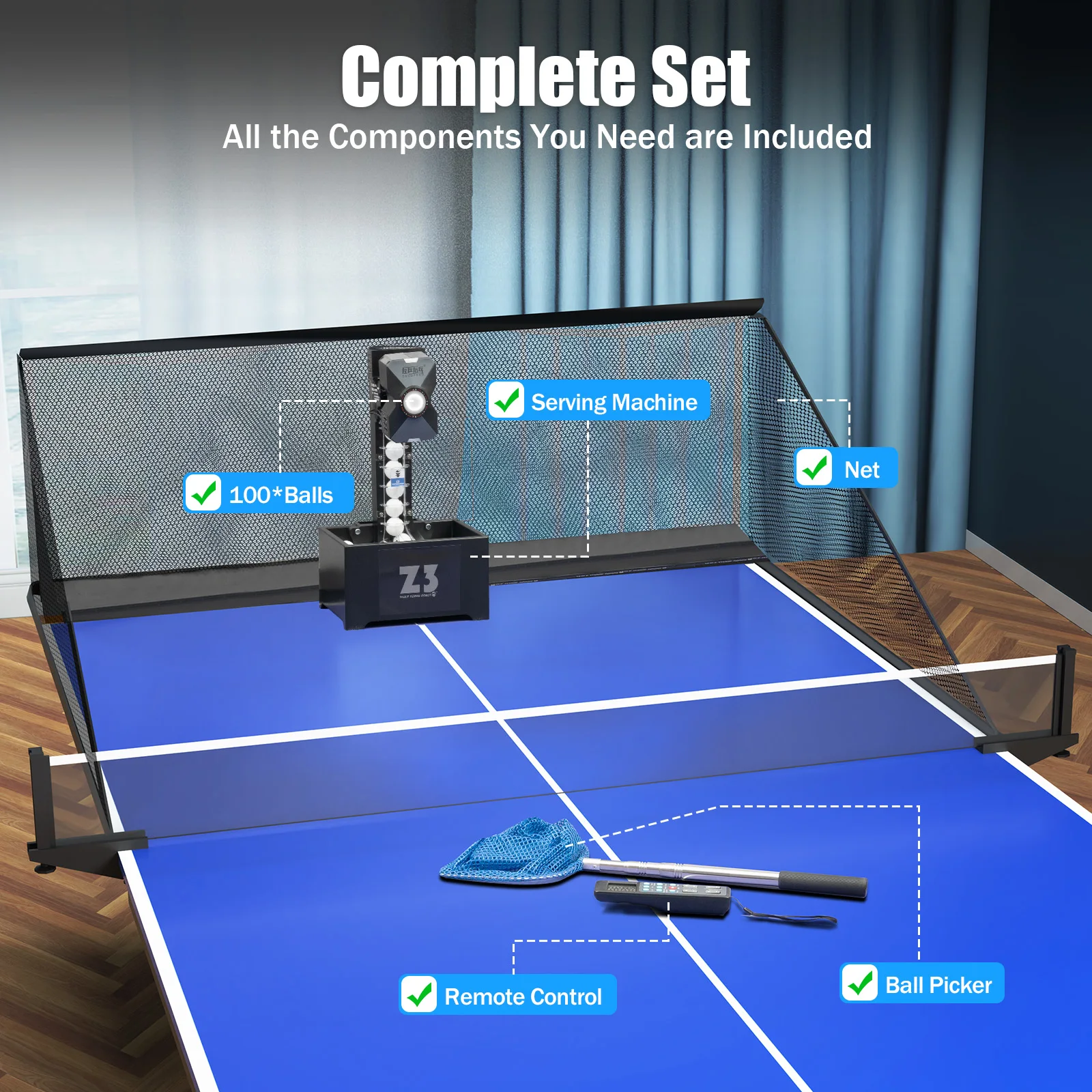 Table Tennis Robot & Ball Machine – 10-Mode Ping Pong Trainer with Net & 100 Balls - size and dimensions