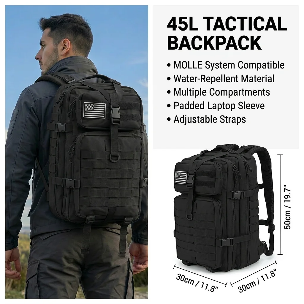45L Tactical Gym Backpack – MOLLE Water-Resistant Training & Travel Rucksack - side view