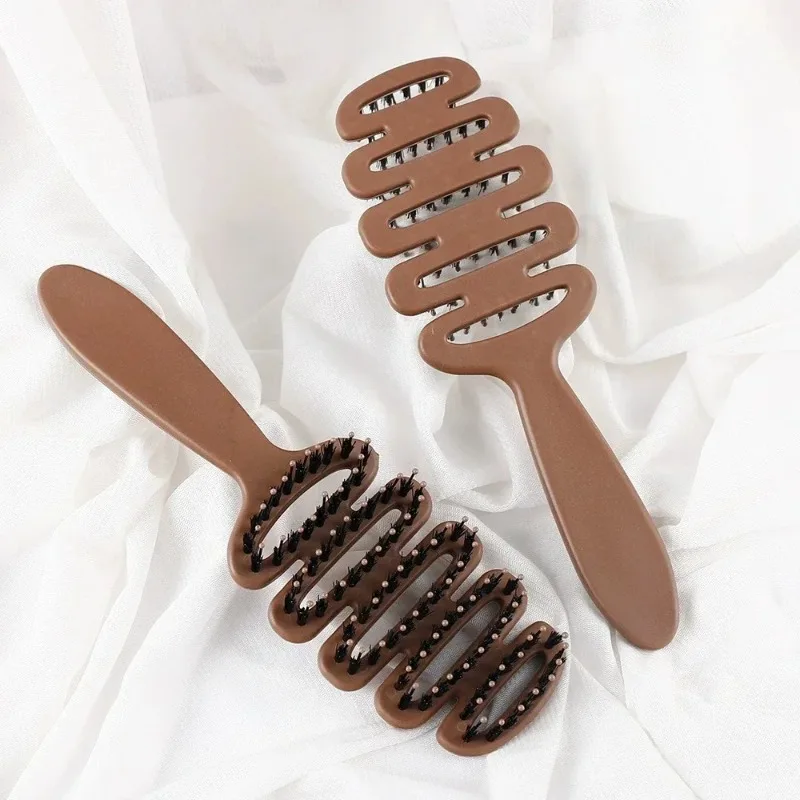 Boar Bristle Hair Comb Hollow Detangling Brush Women Scalp Massage Curly - close-up detail