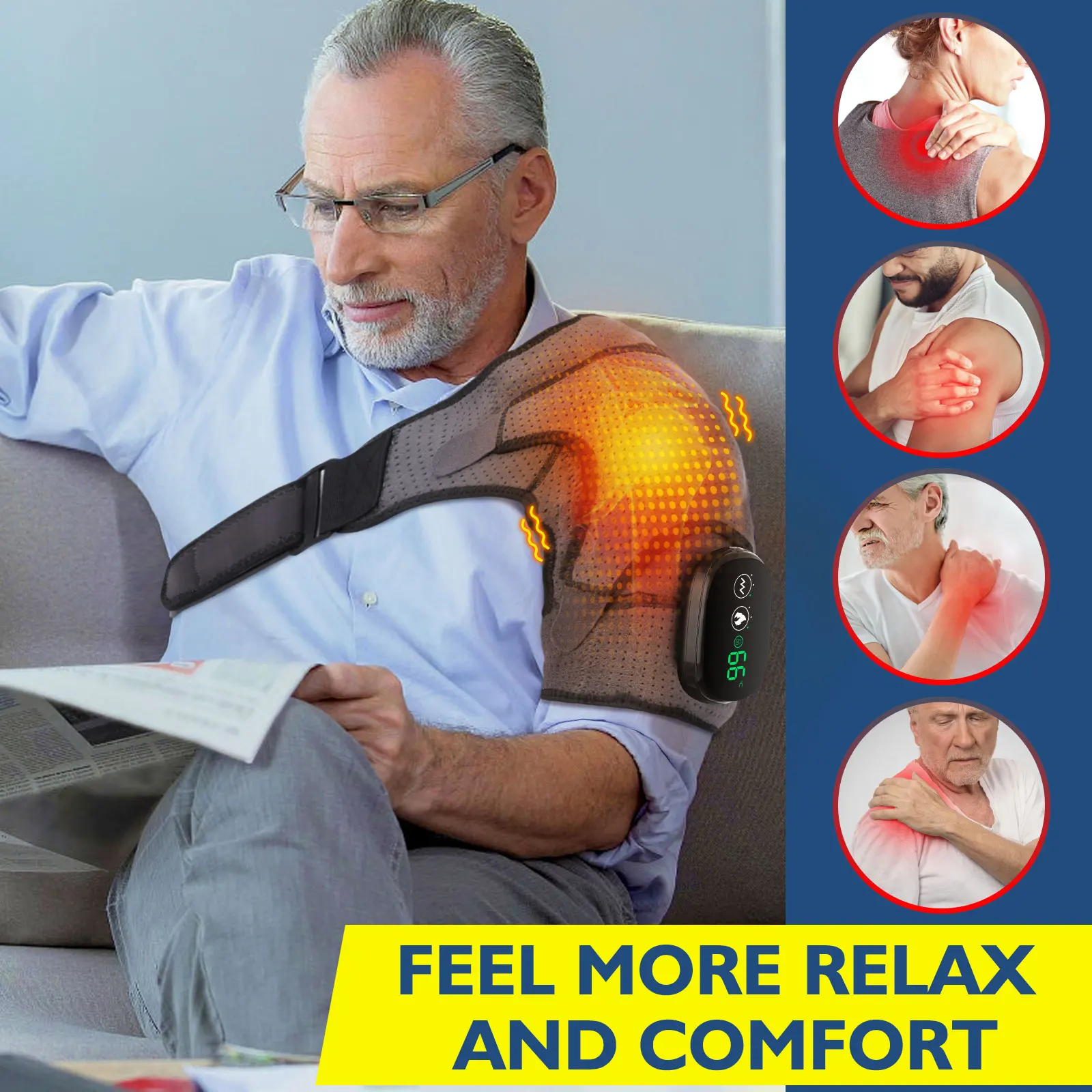 Heated Shoulder Brace with Vibration Massage – Adjustable Support Wrap - in use