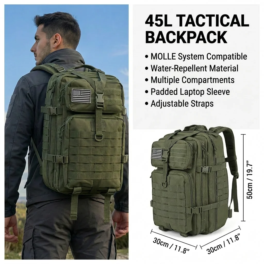 45L Tactical Gym Backpack – MOLLE Water-Resistant Training & Travel Rucksack - packaging