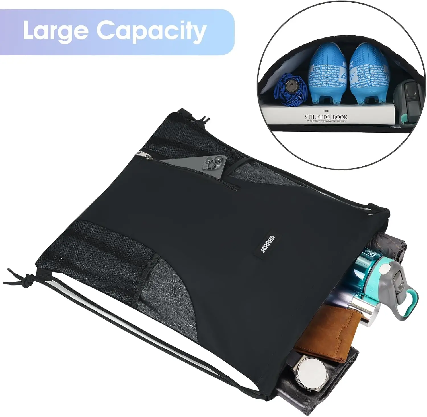 Drawstring Backpack Sports Gym Sackpack with Mesh Pockets Water Resistant String - close-up detail