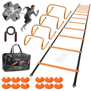 Agility Ladder Set – 20ft Ladder, 4 Hurdles, 12 Cones, Jump Rope & Running Parachute