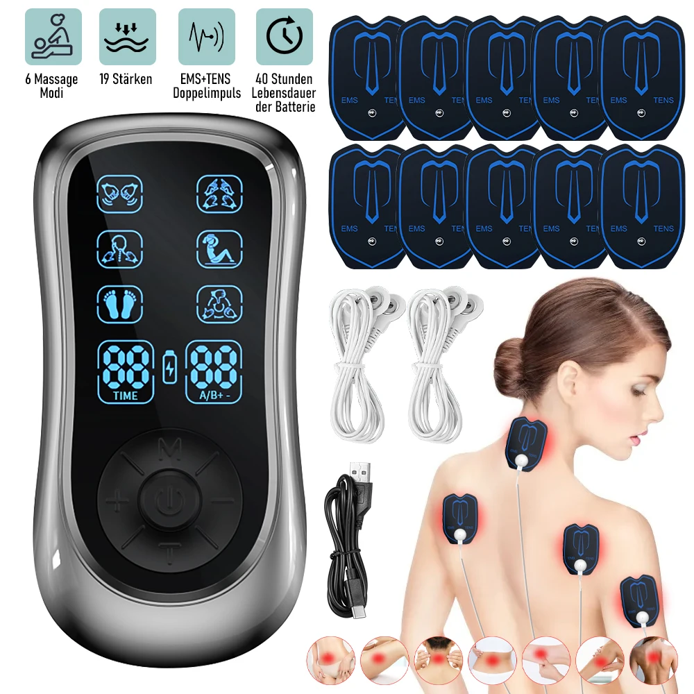 Dual Channel TENS & EMS Unit – 6 Modes, 19 Levels, 10 Electrode Pads - size and dimensions