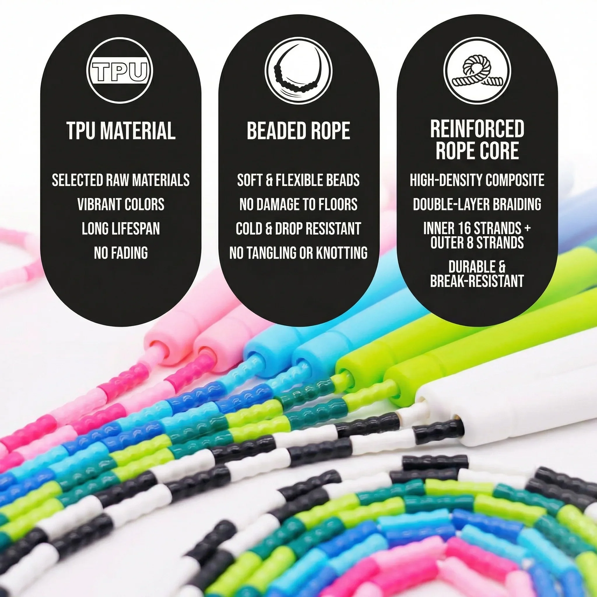 YUEDONG Adjustable Soft Beaded Jump Rope for Kids Adults TPU Segment - color options