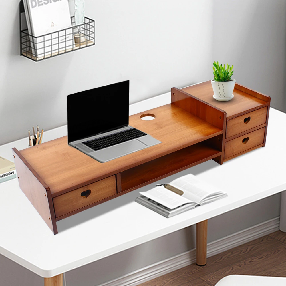 Bamboo Monitor Stand with Storage – Ergonomic Screen Riser - in use