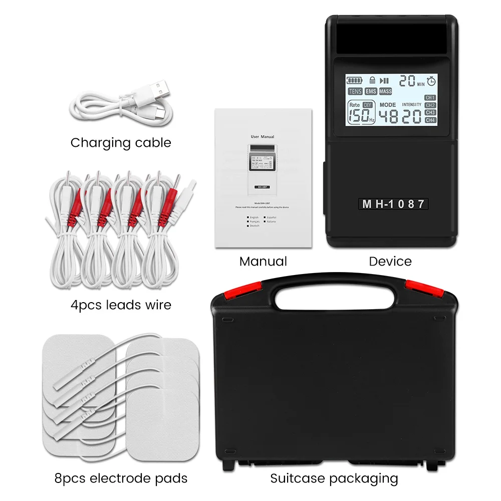 Digital TENS Unit Machine – 4 Channel Electrostimulator, 20 Intensity Levels - side view