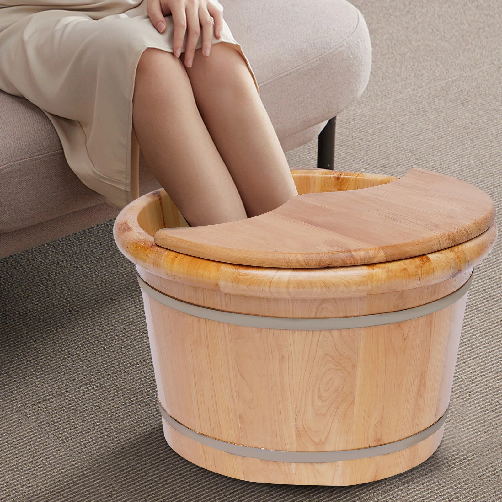 Cedar Wood Foot Bath Tub – Insulated Foot Soak Bucket with Lid & Massage Roller