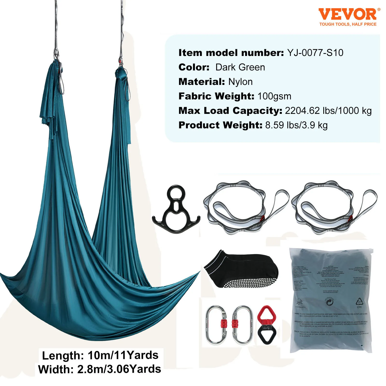Aerial Yoga Hammock & Swing Starter Kit – Silk Fabric, Straps & Hardware - side view