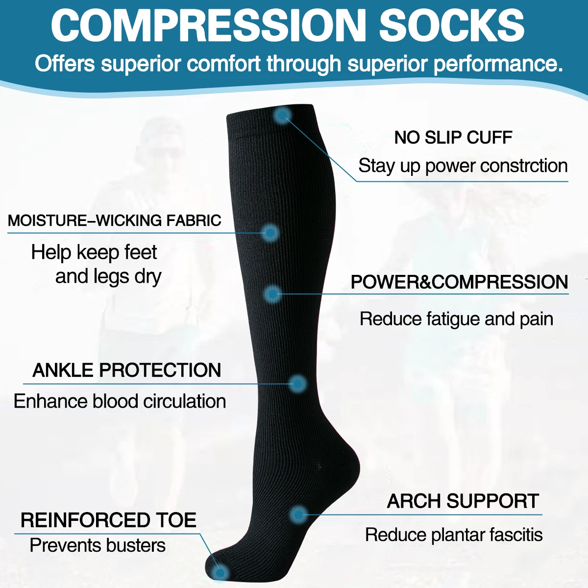 Compression Socks 6 Pairs – Graduated Support for Nurses, Travel & Runners - size and dimensions