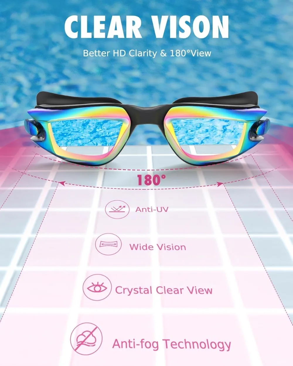Kids Swim Goggles Anti-Fog UV Protection Ages 3-14 Comfort Fit - size and dimensions