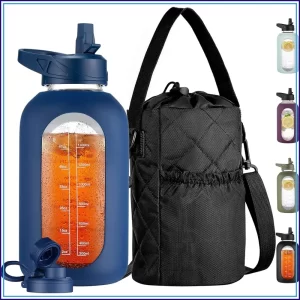 64 oz Glass Water Bottle with Time Marker, Straw & Insulated Sleeve