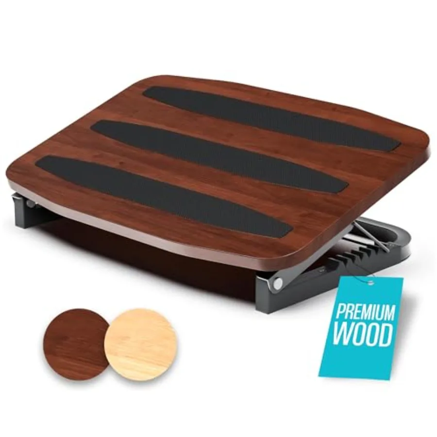 Adjustable Under-Desk Footrest - 7 Angles, Walnut Ergonomic Foot Stool