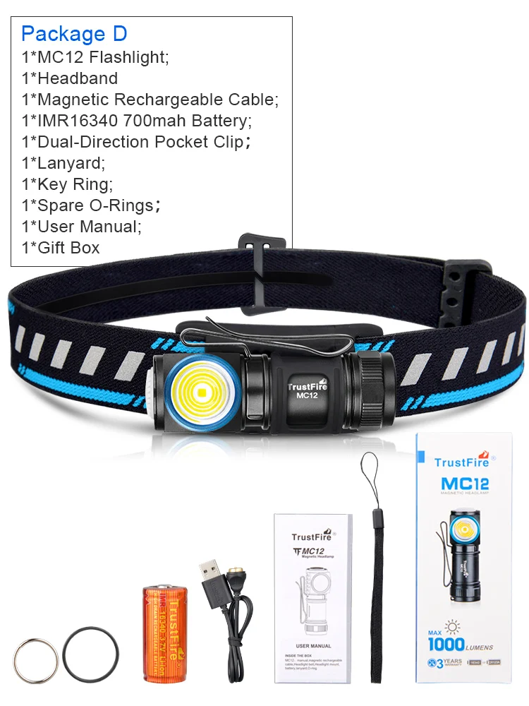 TrustFire MC12 LED Headlamp - 1000 Lumens, Magnetic Rechargeable - packaging