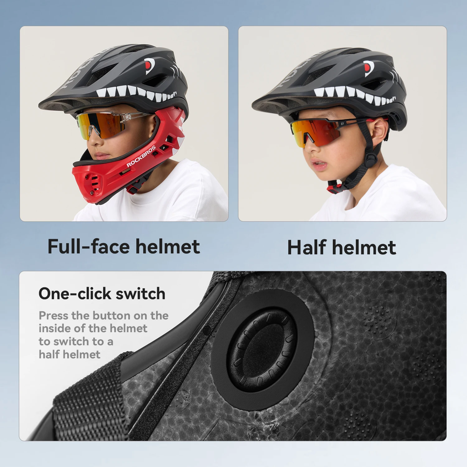 ROCKBROS Kids Bike Helmet – Detachable Full-Face Chin Guard & Impact Shell - alternate view